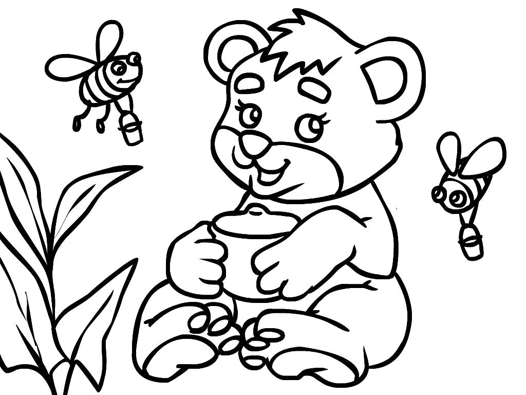 Раскраска Мишка и пчелки. Скачать Мишка.  Распечатать Мишка