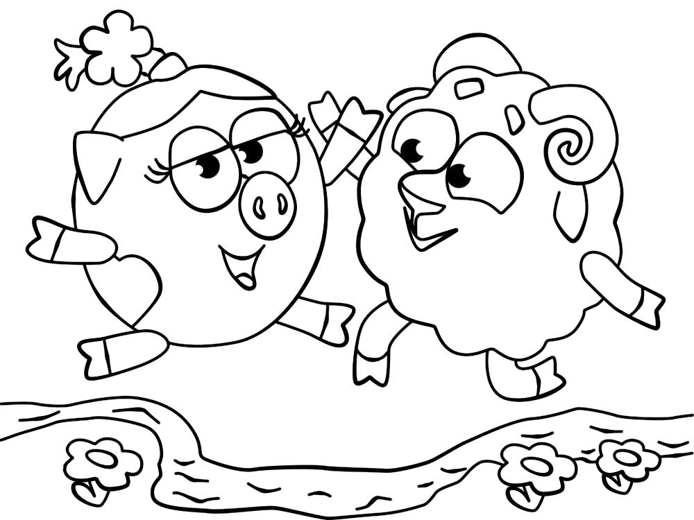 Раскраска Нюша и Бараш танцуют около ручья. Смешарики