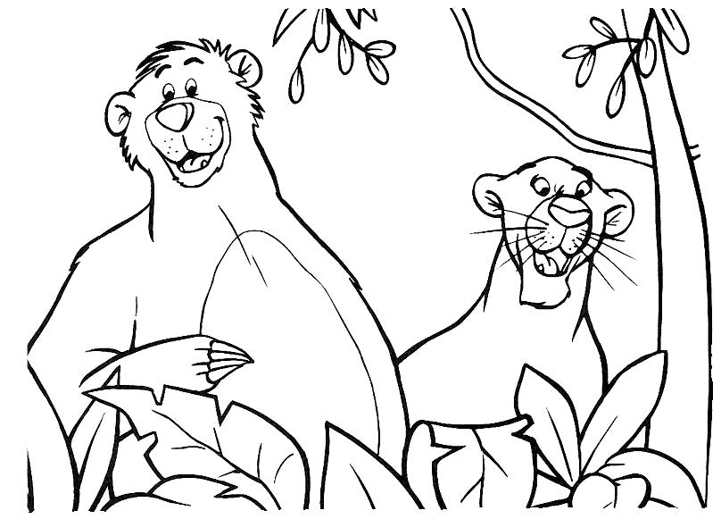 Раскраска Балу и Багира. Скачать книга джунглей.  Распечатать книга джунглей