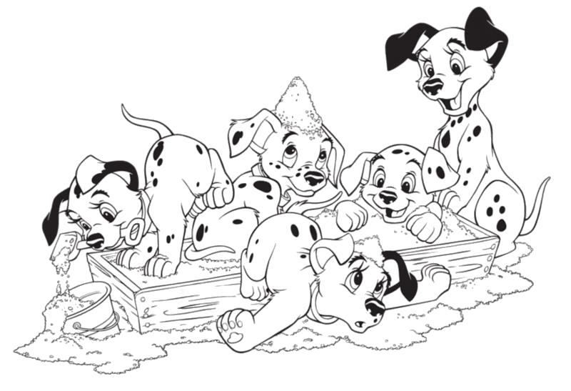 Раскраска Раскраски "101 далматинец", собаки играются в песке. 101 далматинец