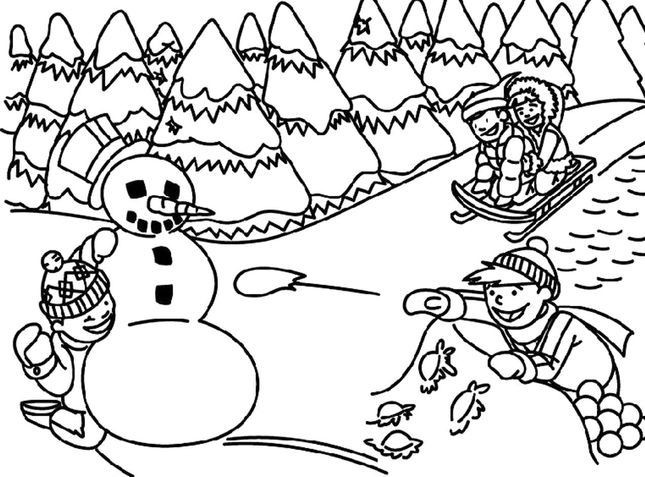 Название: Раскраска Зимние радости. Играемся в снежки. . Категория: Времена года. Теги: Зима.