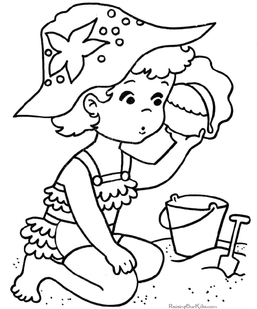 Раскраска Раскраски лето девочка ребенок слушает ракушку на пляже и играется в песке. Лето