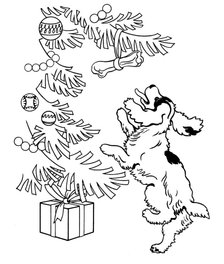 Раскраска Собака с новогодними игрушками на ветке. Скачать Щенок.  Распечатать Домашние животные
