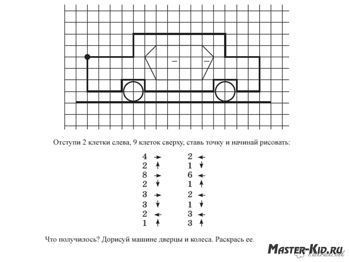 Раскраски машин, Раскраска Графический диктант Графический диктант по  клеткам машина Графический диктант.