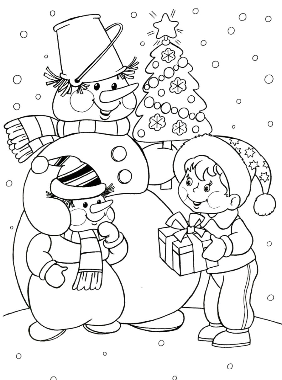Раскраска Снеговик со снеговенком и мальчик - . Скачать снеговик.  Распечатать снеговик