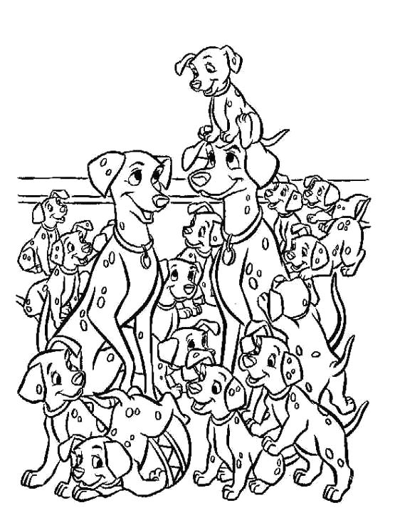 Раскраска  для детей - 101 далматинец, много собак. Скачать 101 далматинец.  Распечатать 101 далматинец