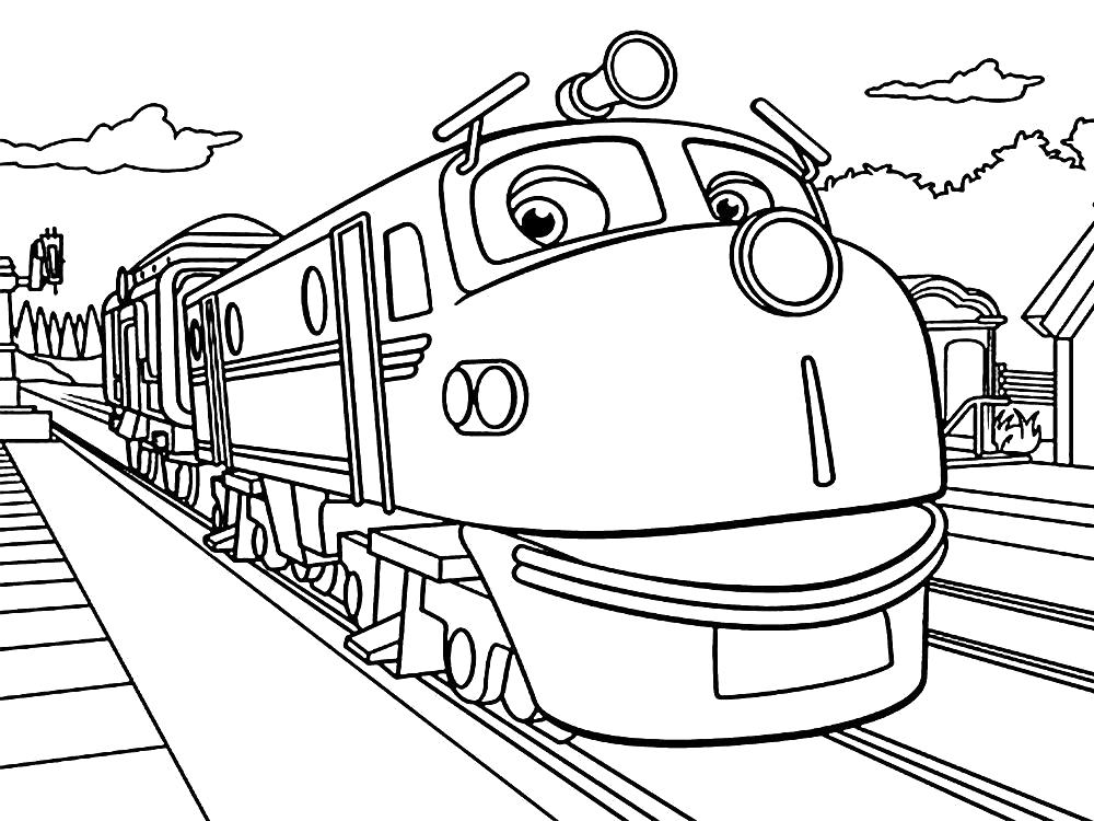 Название: Раскраска Чаггингтон . Категория: для мальчиков. Теги: поезд.