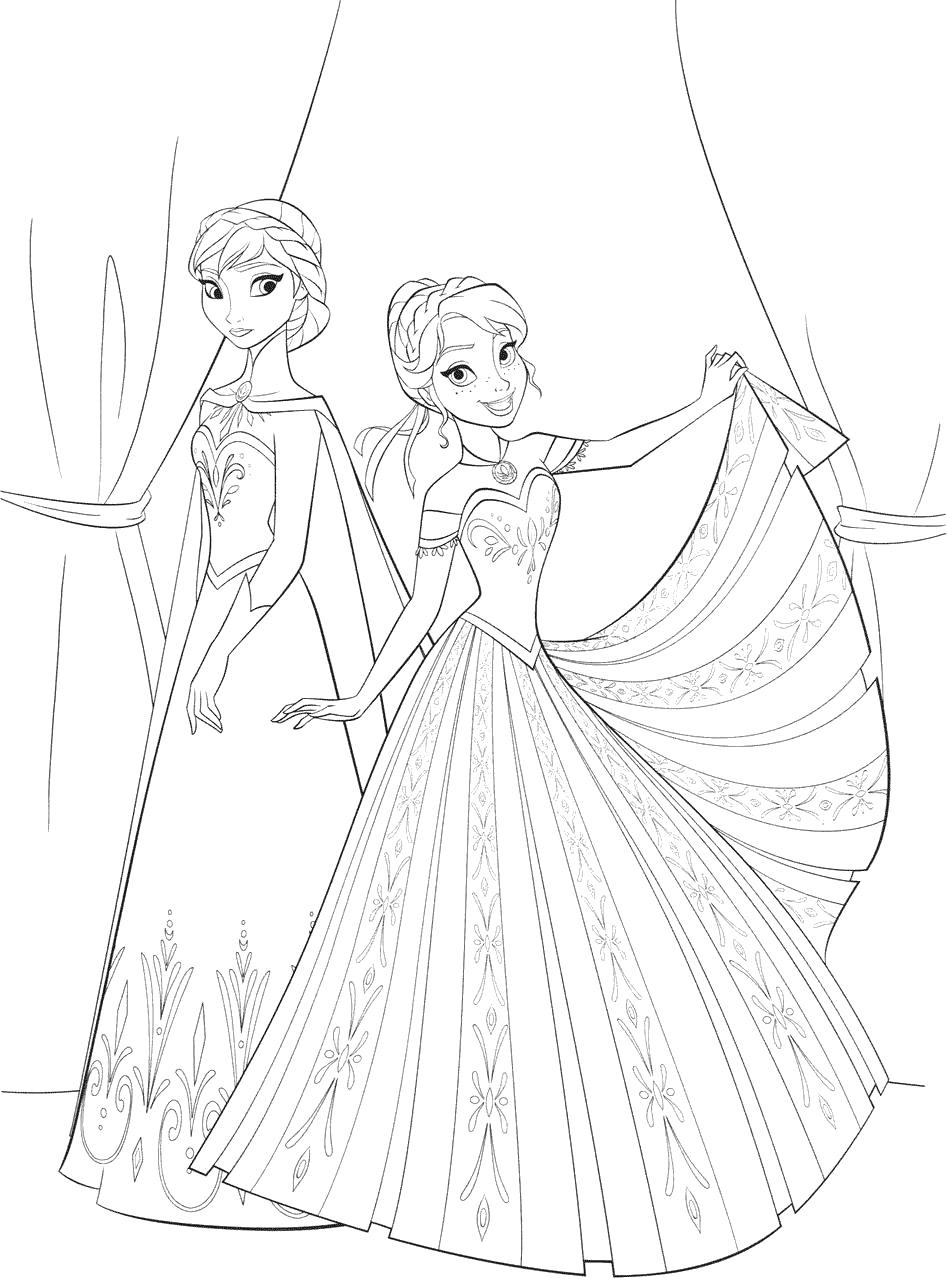 Раскраска Эльза и Анна в платьях. Эльза