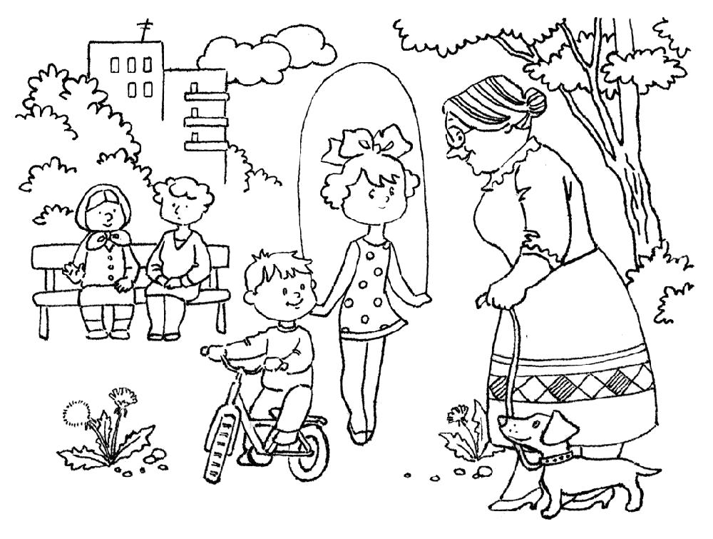 Название: Раскраска Раскраска лето. Бабушка присматривает за детьми которые гуляют во дворе. Категория: Лето. Теги: Лето.