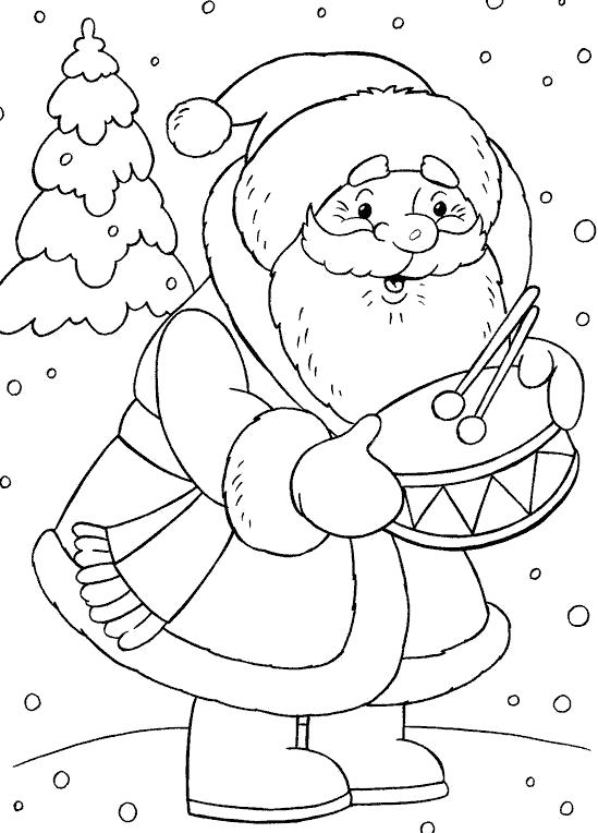 Название: Раскраска дед мороз дарит барабан. Категория: Дед мороз. Теги: дед мороз с подарками.