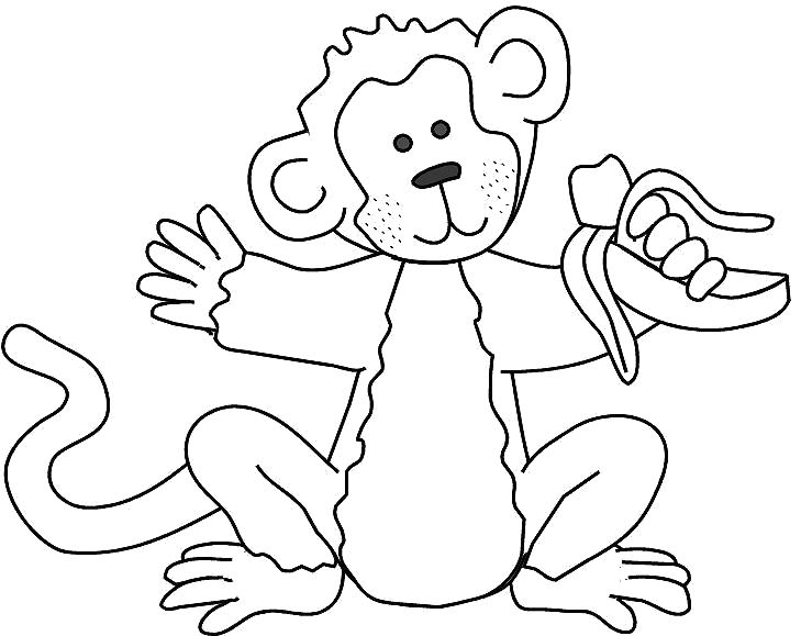 Раскраска обезьяна С бананом. Скачать обезьяна.  Распечатать Дикие животные