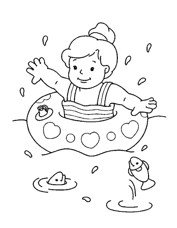 Раскраска мальчик купается с рыбками, мальчик с кругом. Скачать Лето.  Распечатать Лето