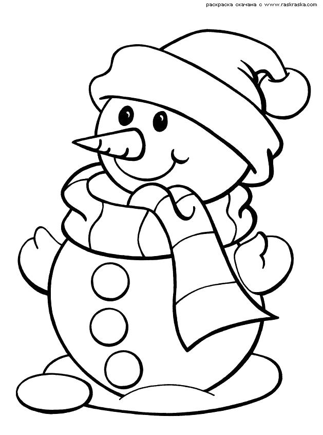 Раскраска  Снеговик в шарфе и шапке.  Картинка снеговик,  снеговик, новогодние  скачать. Скачать новогодние.  Распечатать новогодние