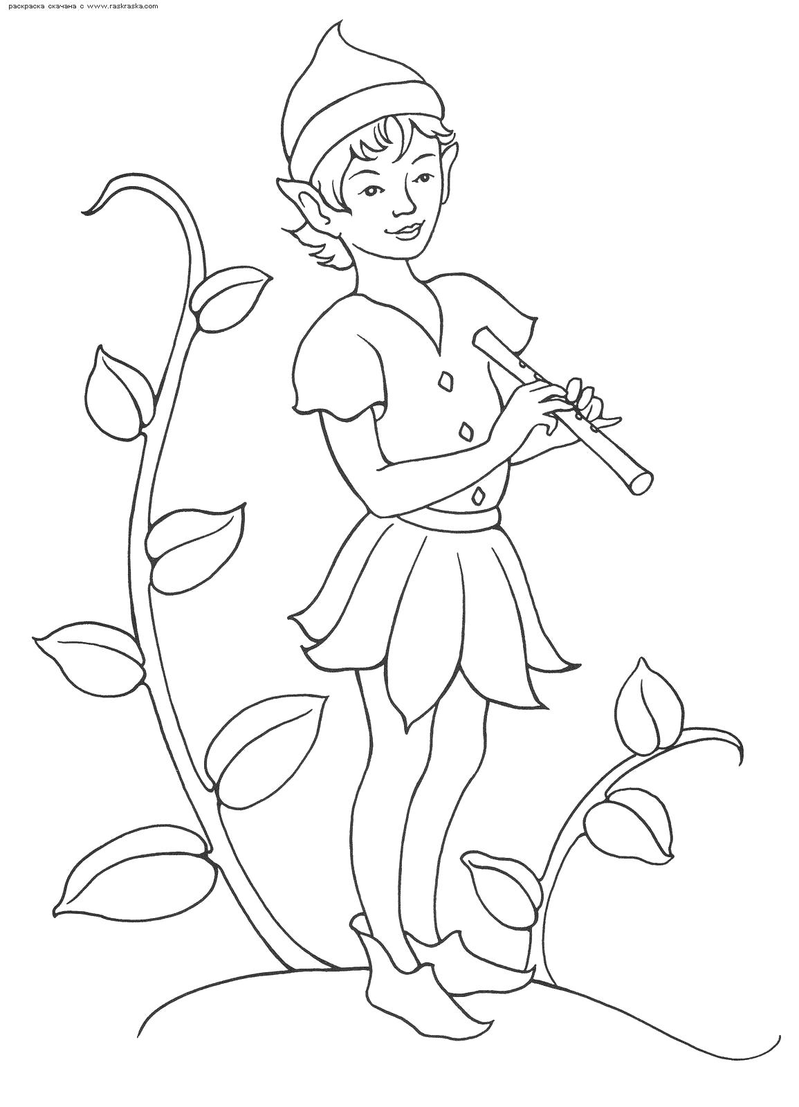 Раскраска Раскраска Мальчик-эльф с дудочкой в руках. Раскраска Эльфы раскраски онлайн для детей. Эльф