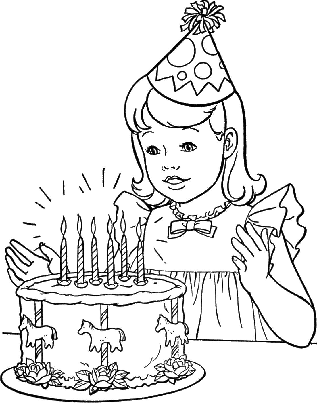Раскраска  "торт со свечами на день рождения". Скачать торт.  Распечатать еда
