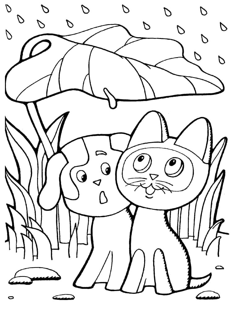 Название: Раскраска Прячутся от дождя. Категория: Домашние животные. Теги: Котенок, Щенок.