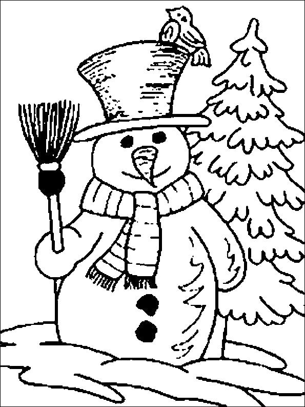 Раскраска  Снеговик у елочки распечатать. Скачать снеговик.  Распечатать Зима