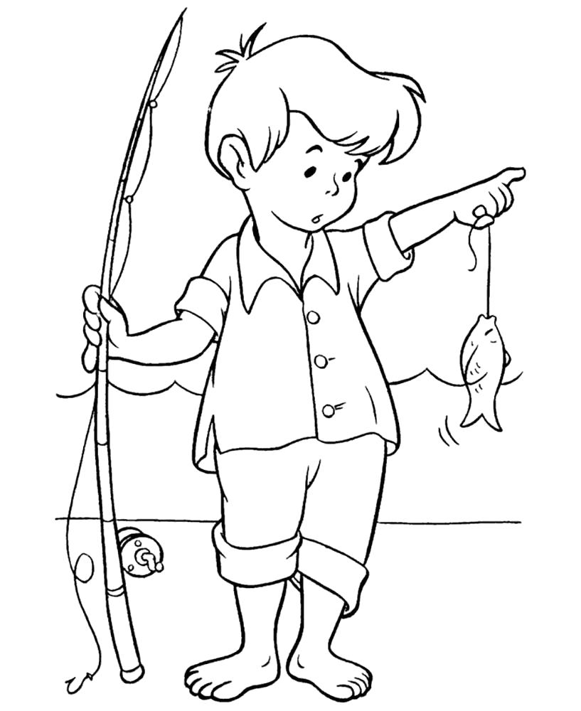 Название: Раскраска мальчик поймал маленькую рыбку. Категория: Лето. Теги: Лето.