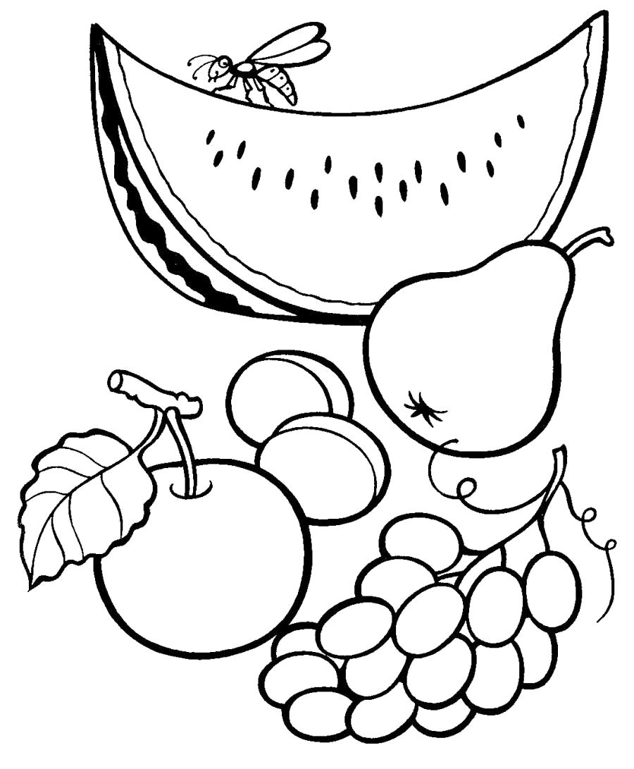 Раскраска Осенние продукты, арбуз, груша, виноград, яблоко, абрикос. продукты