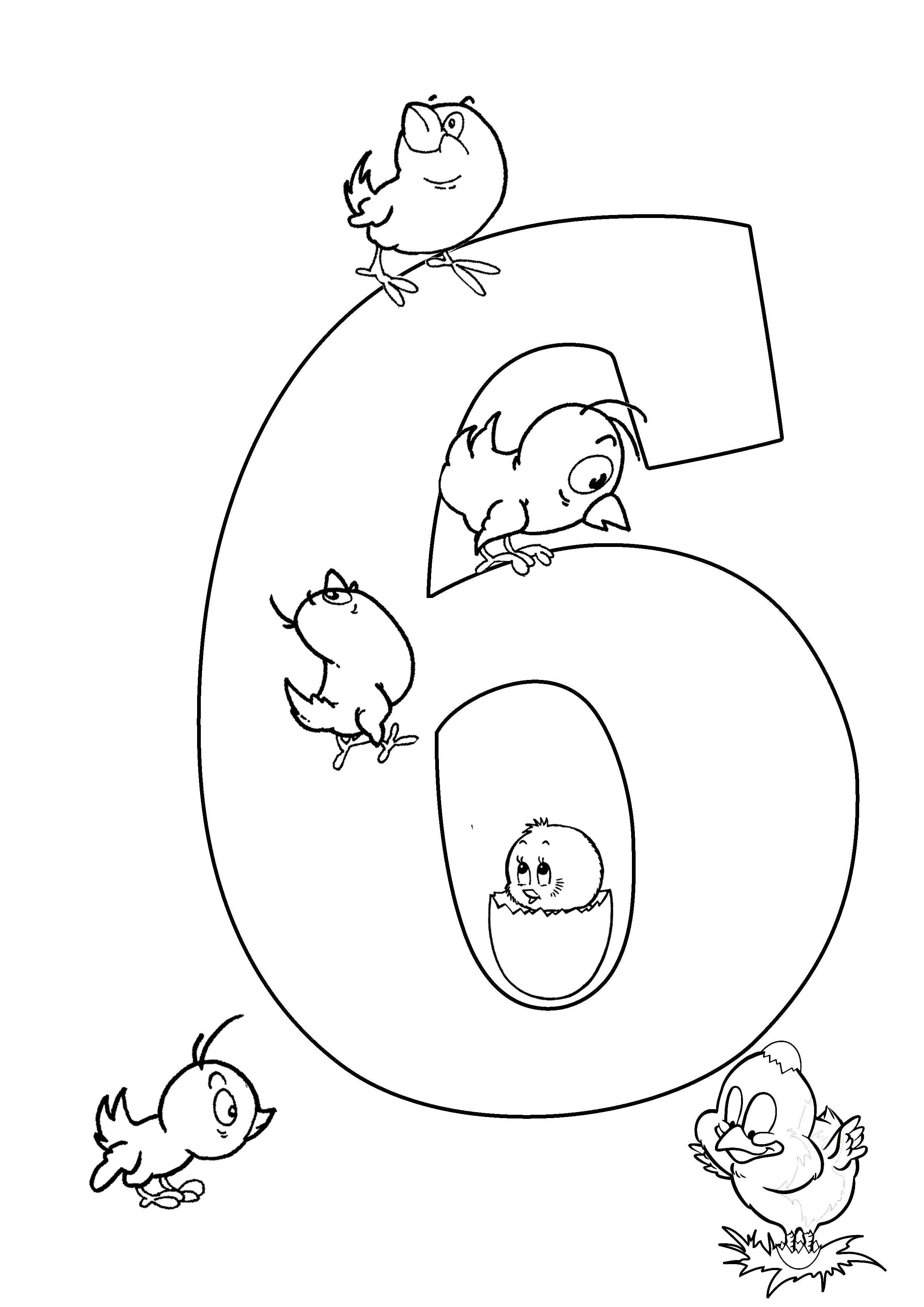 Раскраска Веселый счет шесть птичек. Скачать с цифрами.  Распечатать с цифрами