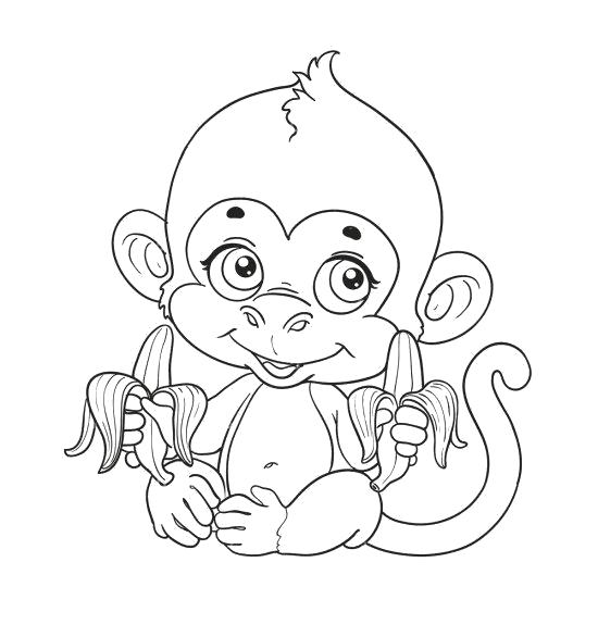 Раскраска маленькая обезьянка и два банана. Скачать обезьяна.  Распечатать обезьяна