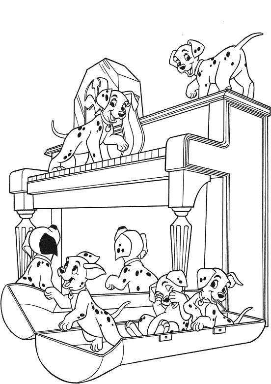 Раскраска  101 далматинец, собаки играют с пианино. Скачать 101 далматинец.  Распечатать 101 далматинец