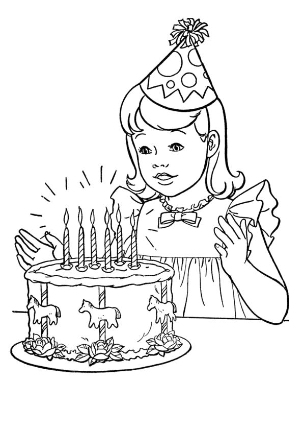Раскраска День рождения, поздравление с днем рождения, девочка и торт. Скачать День рождения.  Распечатать День рождения