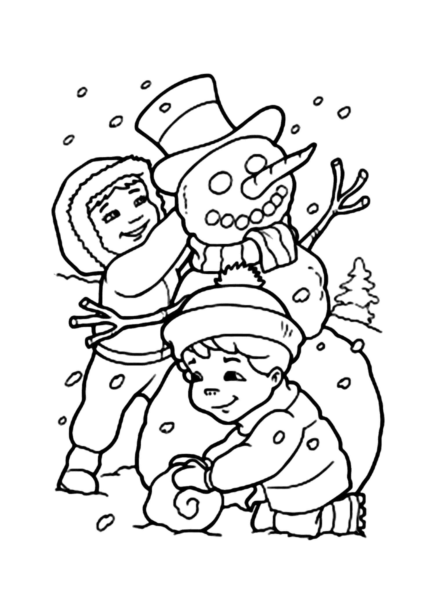 Раскраска Дети лепят снеговика. 