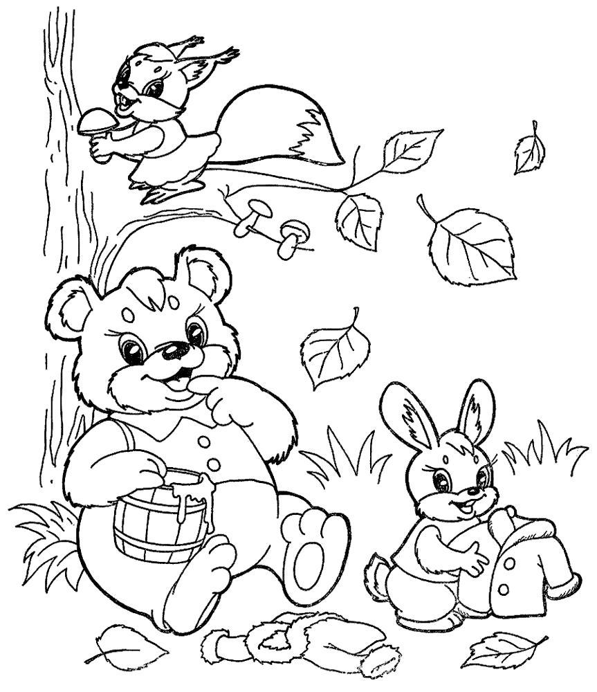 Раскраска Осень Раскраски, мишки и зайцы. Осень