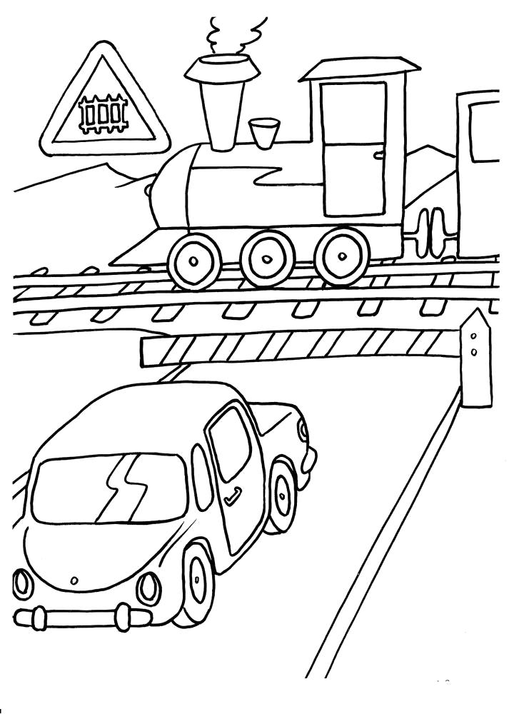 Название: Раскраска Раскраска паровозик, паровоз переезжает дорогу, машина стоит, шлагбаум, дорога. Категория: паровозик. Теги: паровозик.