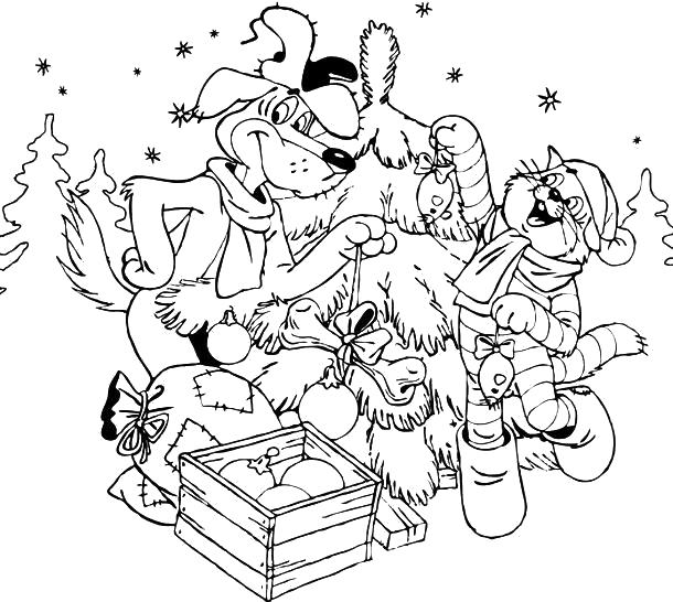 Раскраска  "Новый год в Простоквашино". Домашние животные