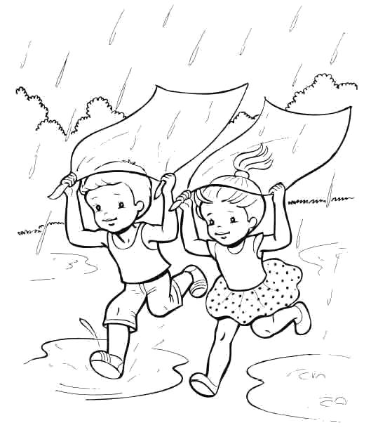 Раскраска дети бегут от дождя. Скачать Лето.  Распечатать Лето
