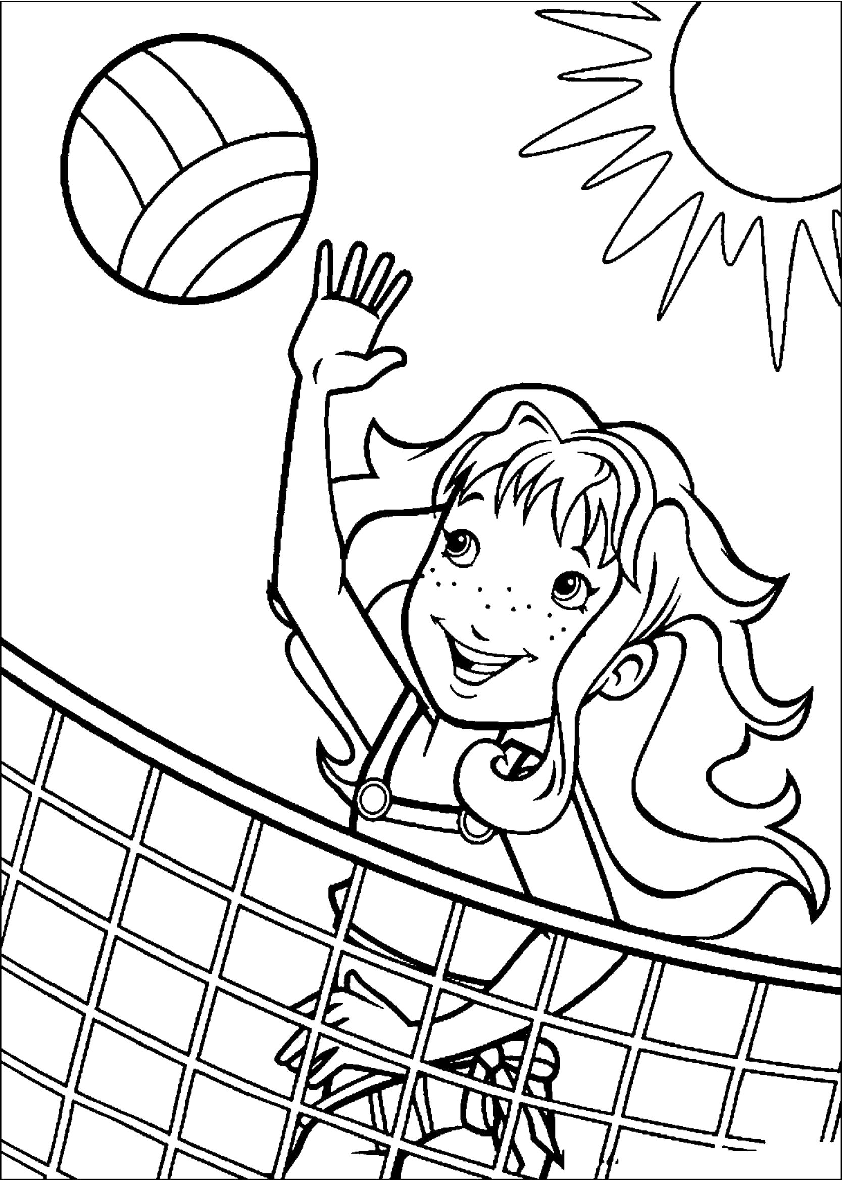 Раскраска  мяч воллейбол, девчонка, сетка, мяч, солнце. Скачать Солнце.  Распечатать Солнце