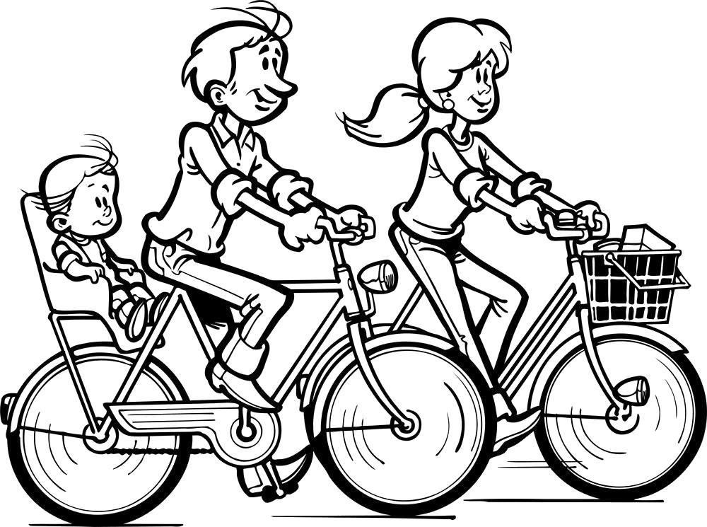 Раскраска  семья на велосипедах. 