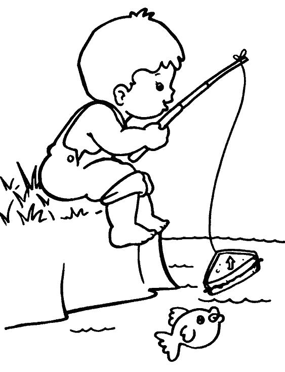 Раскраска Рыбалка мальчика. Скачать рыба.  Распечатать рыба