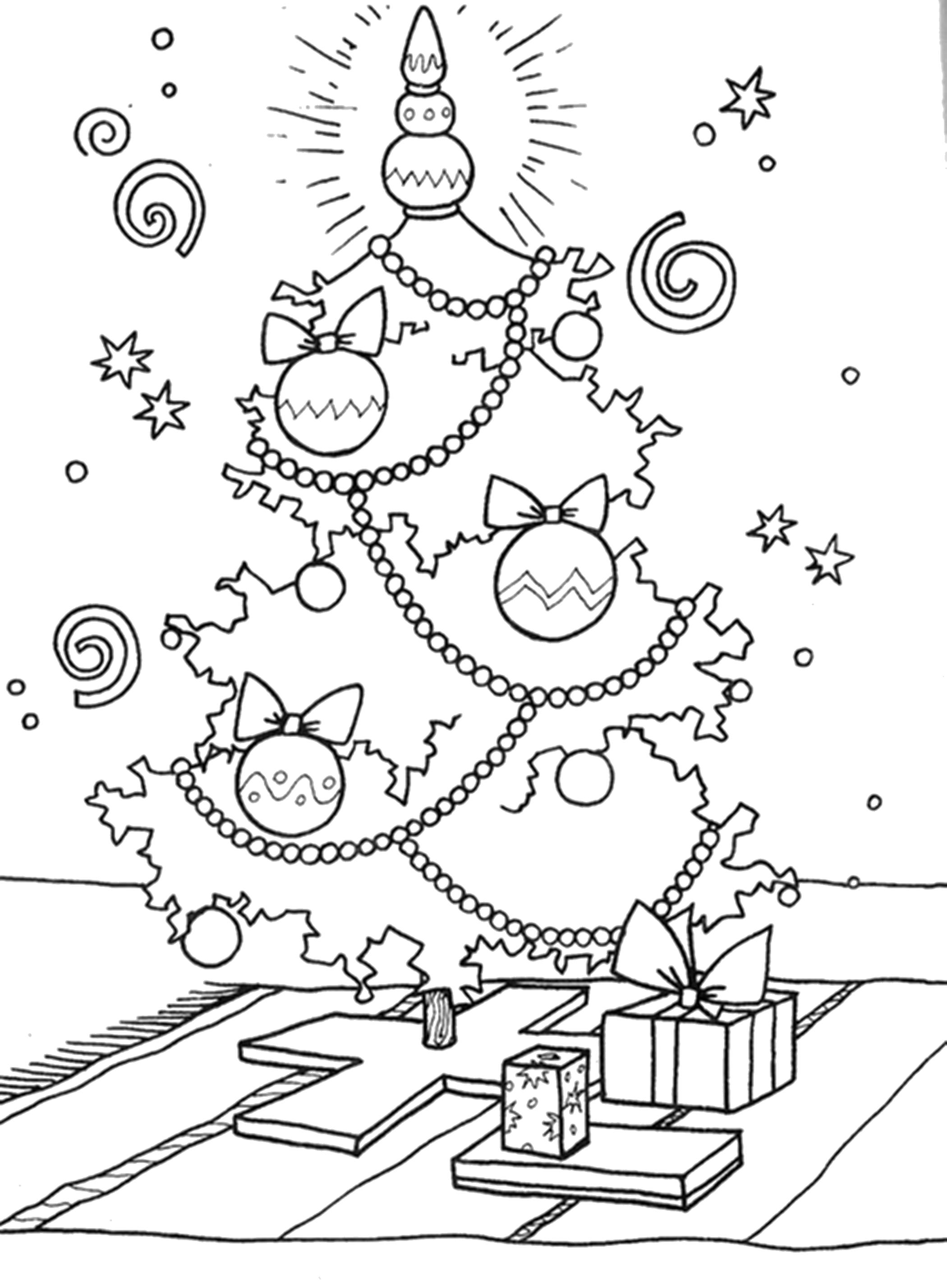 Раскраска Елка с шарами и гирляндой, новогодняя ель, праздничное настроение. новогодние