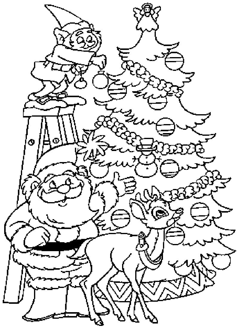 Раскраска Дед мороз  с гномами украшает елку. Скачать Дед мороз.  Распечатать Новый год