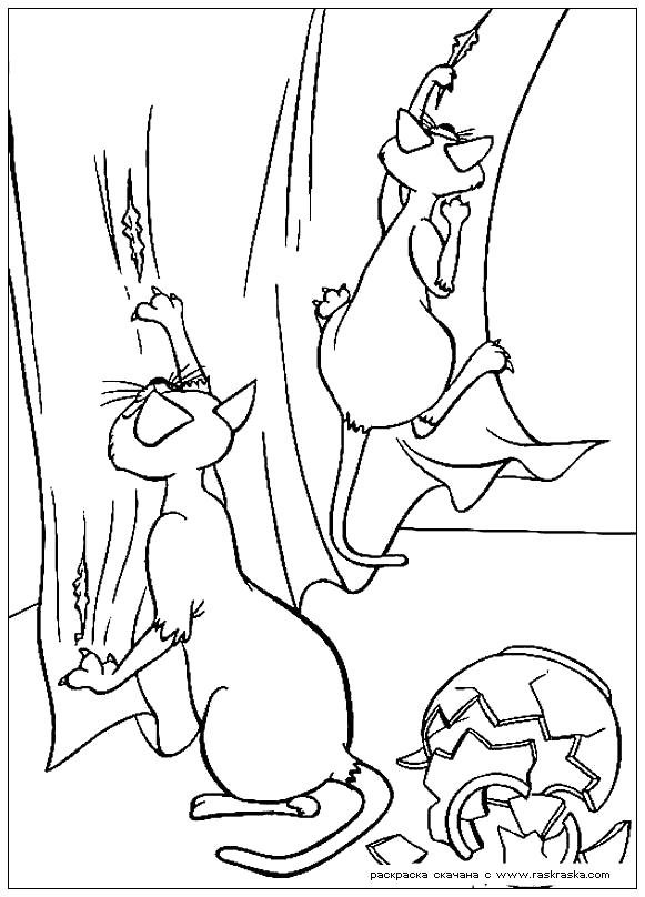Название: Раскраска Раскраска Гадкие коты. Раскраска Раскраска из мультфильма Леди и Бродяга, кошки разбили фазу и рвут занавески, разукрашка для детей. Категория: кот. Теги: кот.