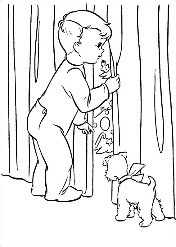 Раскраска Новогодние  для детей, мальчик подсматривает, собачка. Скачать новогодние.  Распечатать новогодние