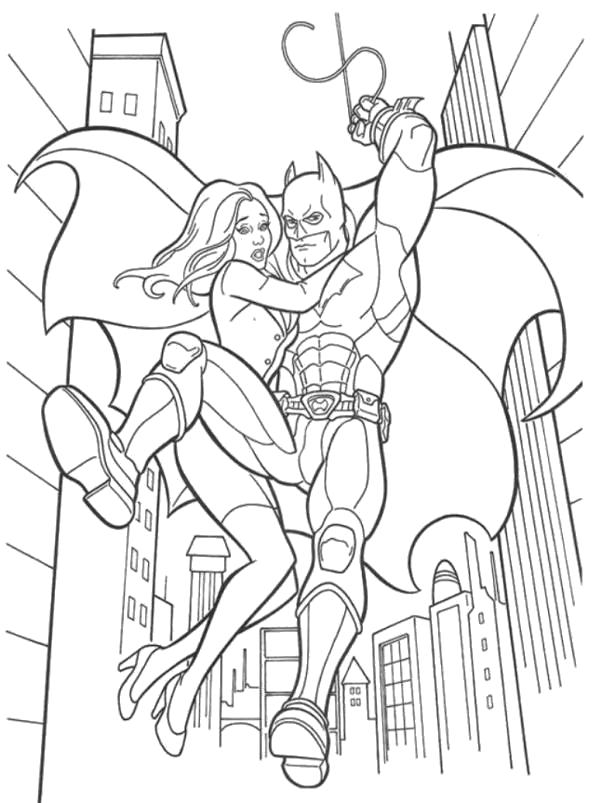 Раскраска  Бэтмен спасает девушку. Скачать Бэтмен.  Распечатать Комиксы и супергерои