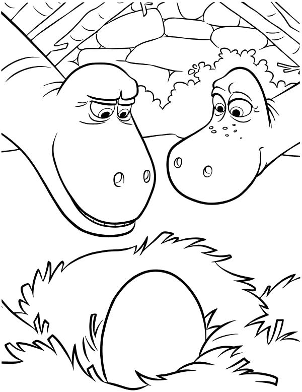 Раскраска Раскраска - Хороший динозавр - Генри и Ида изучают яйцо. динозавр