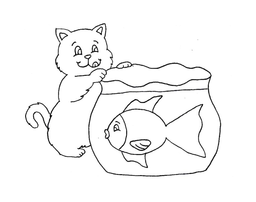 Название: Раскраска  кот и аквариум. Категория: Домашние животные. Теги: кот, Аквариумные рыбы.