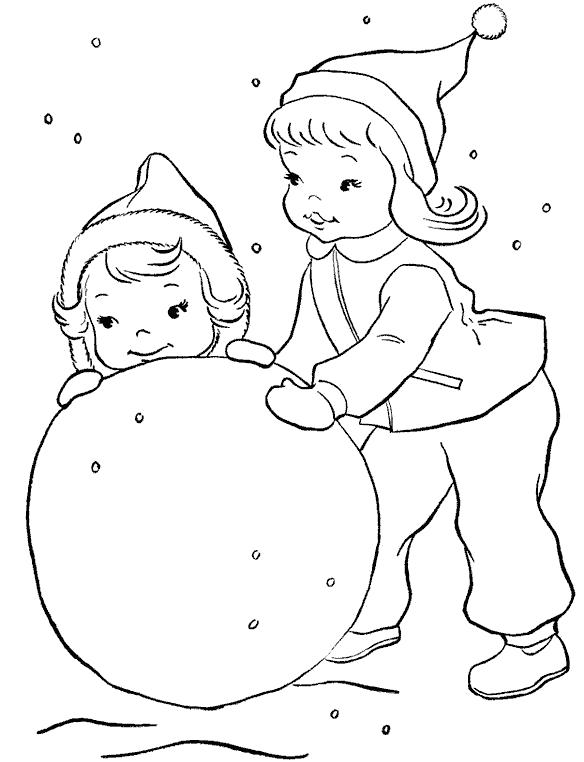 Раскраска - Дети лепят снеговика