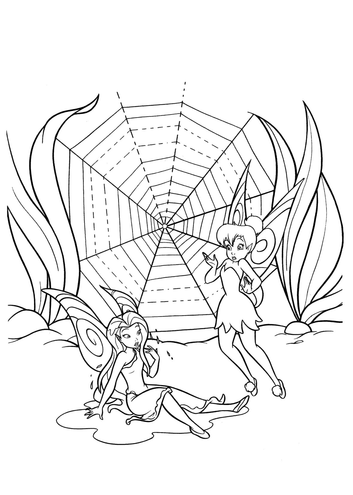Раскраска Раскраска Серебрянка и Динь-Динь рядом с паутиной. мифические существа