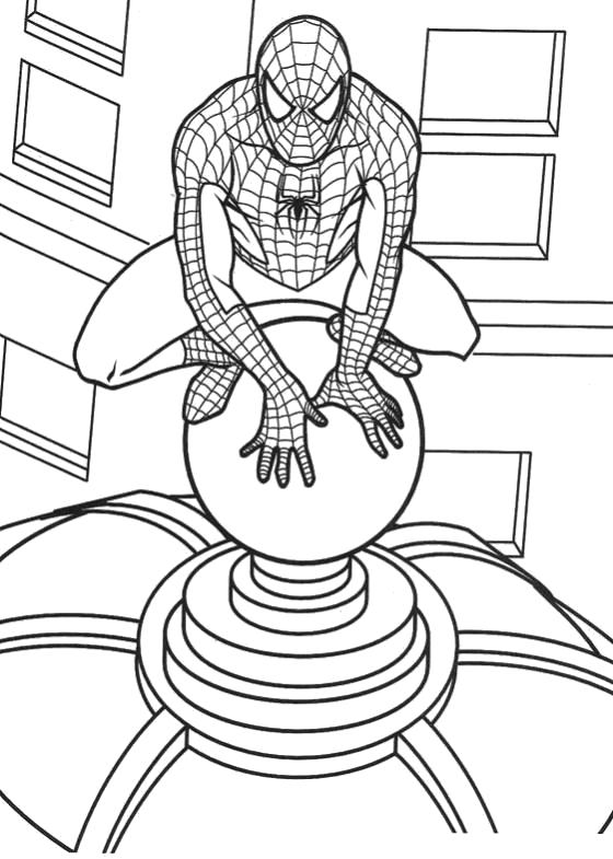 Раскраска Человек паук на крыше дома. Скачать Человек Паук.  Распечатать Человек Паук