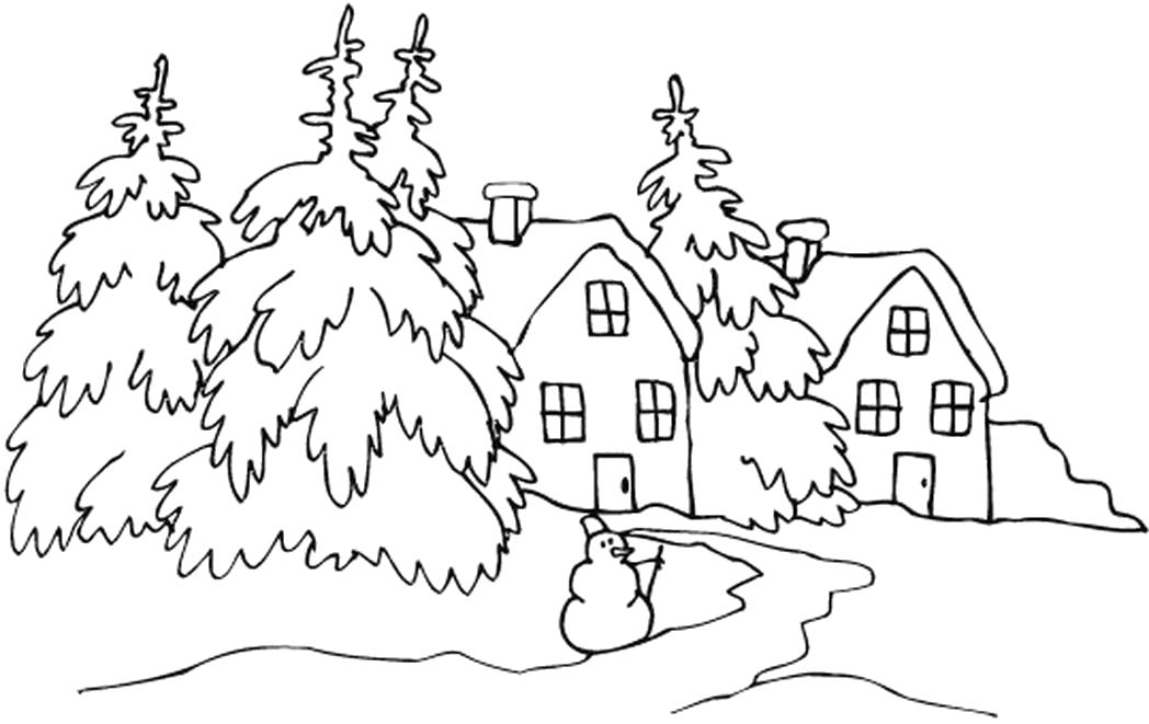 Раскраска Домики в лесу, елки, снеговик . Скачать Зима.  Распечатать Зима