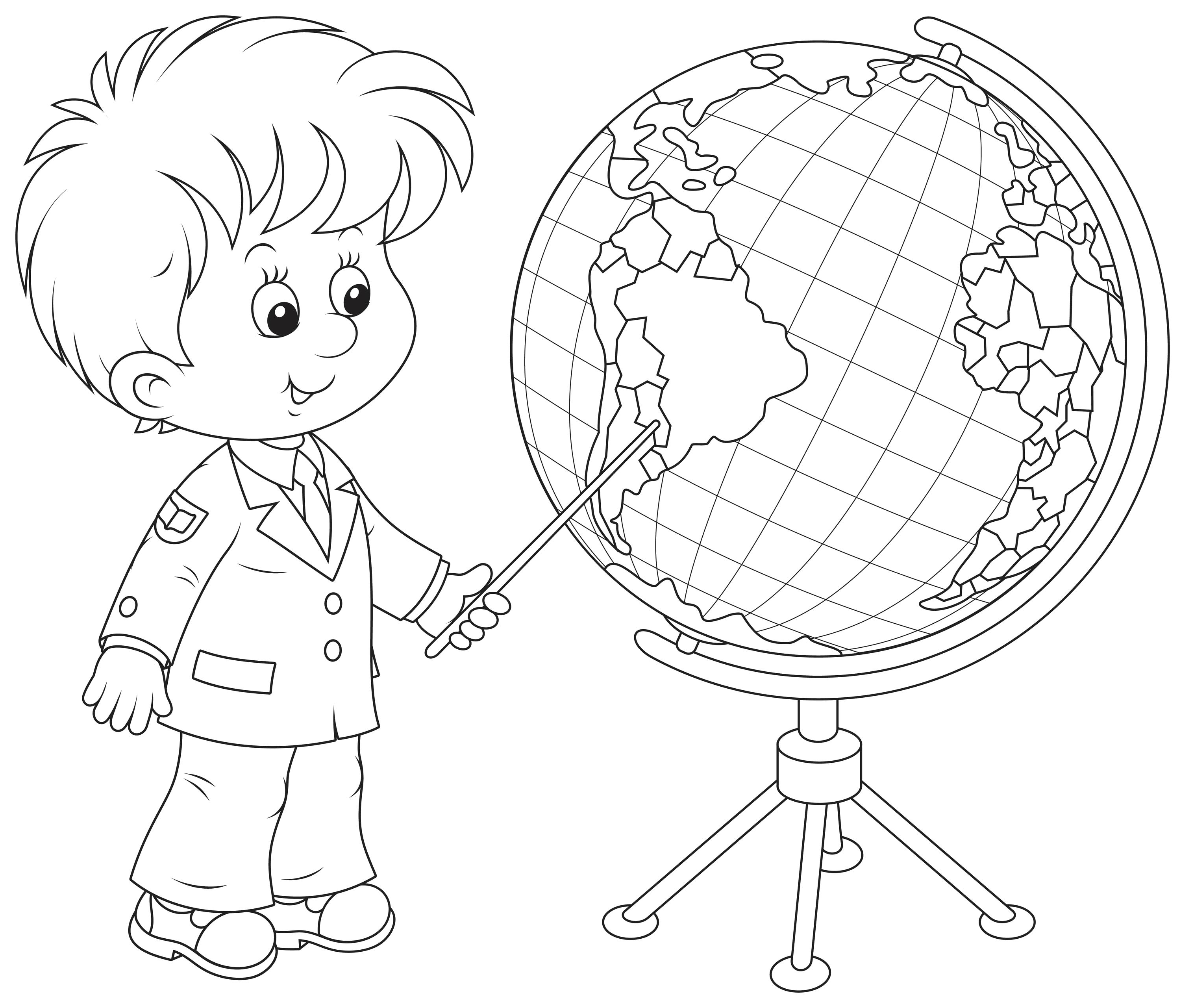 Раскраска Мальчик на глобусе показывает Южную Америка. Скачать 1 сентября.  Распечатать 1 сентября