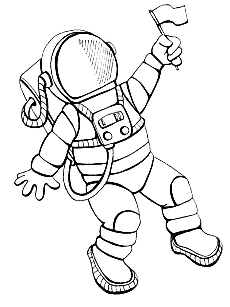 Раскраска Космонавт с флажком. Скачать день космонавтики.  Распечатать день космонавтики