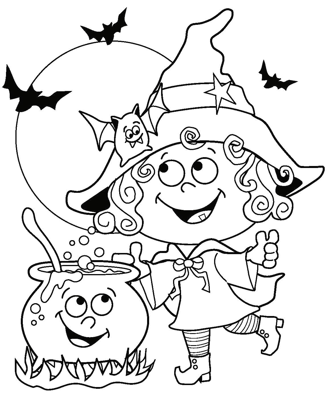 Название: Раскраска Веселая девочка на Хэллоуин. Категория: Хэллоуин. Теги: ведьма.