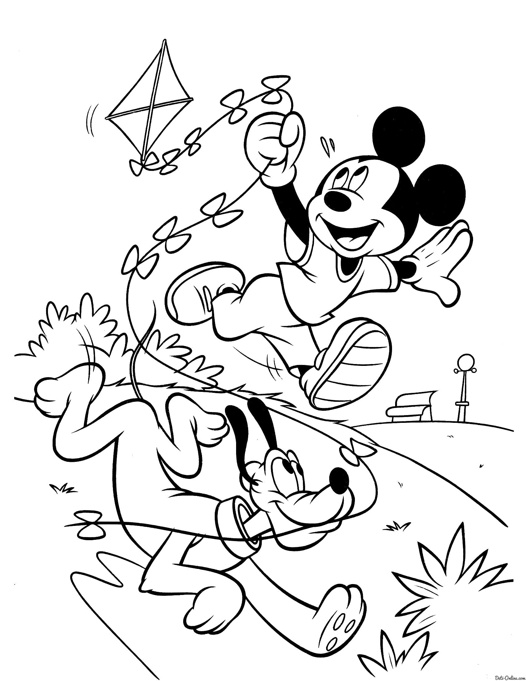 Раскраска  Микки Маус и Плуто играют. Скачать Микки маус.  Распечатать Микки маус